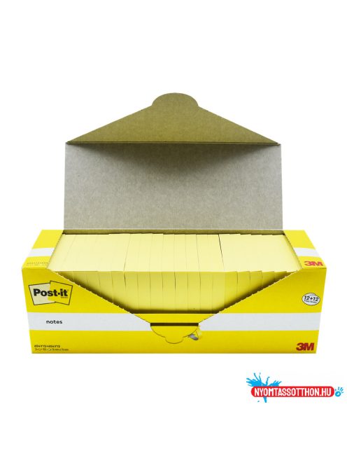 Jegyzettömb öntapadó, 76x76mm, 100lap, 12 tömb +12 tömb ajándék 3M 654 Post-It, sárga