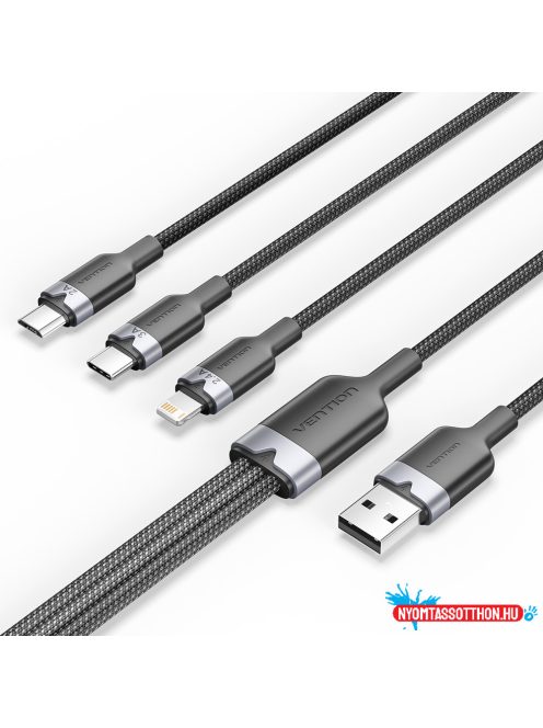 Vention USB-A 2.0/M -> USB-C/Lightning/Micro USB-B, 1,5m,(fekete,3A,3in1), kábel