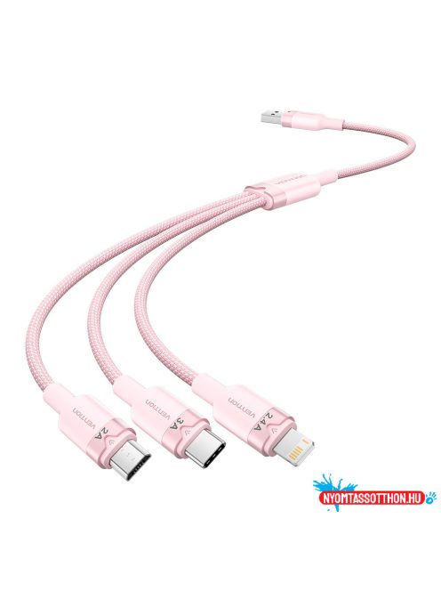 Vention USB-A 2.0/M -> USB-C/Lightning/Micro USB-B, 1,5m,(pink,3A,3in1), kábel