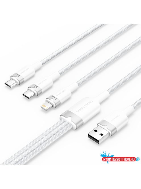 Vention USB-A 2.0/M -> USB-C/Lightning/Micro USB-B, 1,5m,(fehér,3A,3in1), kábel