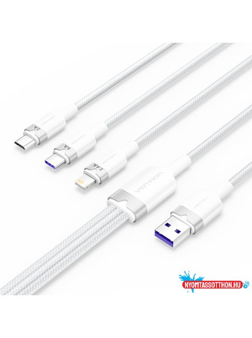 Vention USB-A 2.0/M -> USB-C/Lightning/Micro USB-B, 1,5m,(fehér,6A,3in1), kábel