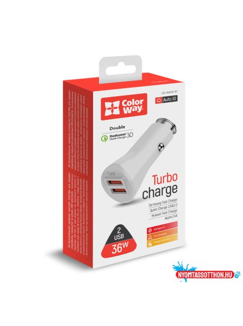 Autós töltő ColorWay 2USB Quick Charge 3.0 (36W) fehér (CW-CHA011Q-WT)