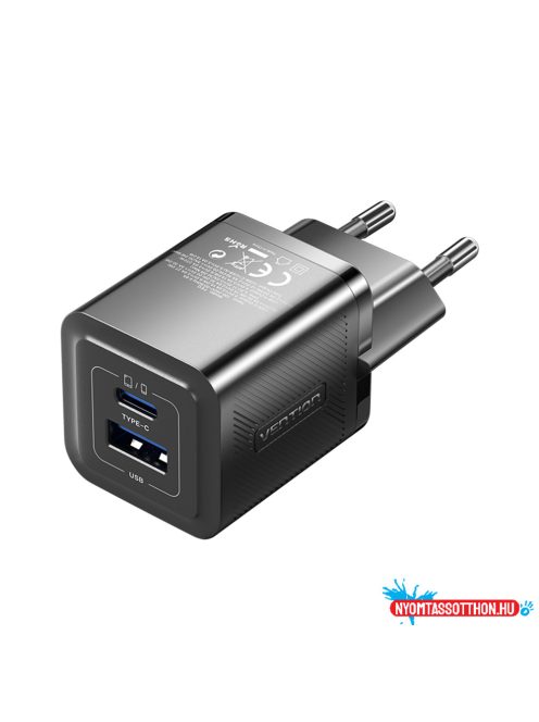 Vention USB-C+A (30W/30W, 2-portos, fekete, GaN), töltő