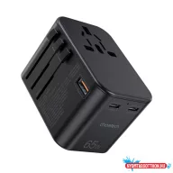   Choetech USB-C*2+A (65W, fekete, travel, US,UK,EU,AU), töltő