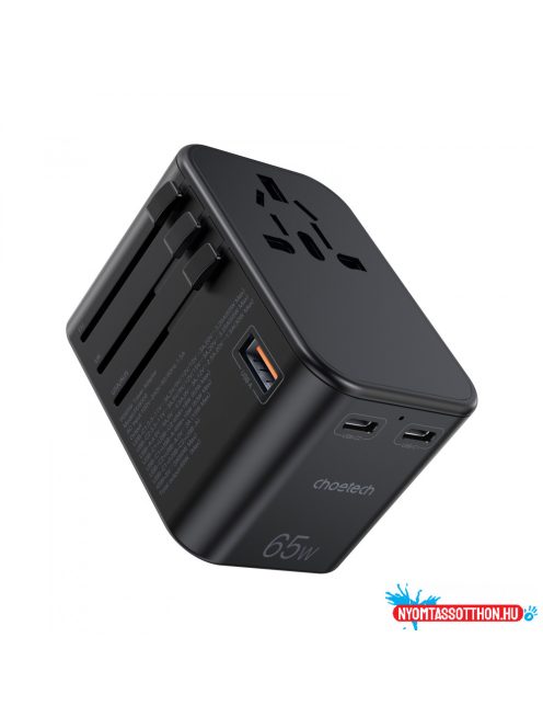 Choetech USB-C*2+A (65W, fekete, travel, US,UK,EU,AU), töltő