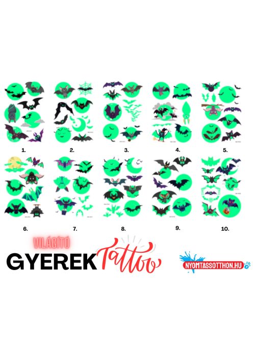 Világító gyerek tetoválás matrica - denevér (többféle)