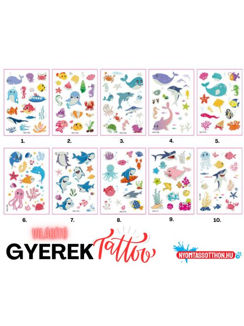 Világító gyerek tetoválás matrica - tengeri élővilág (többféle)